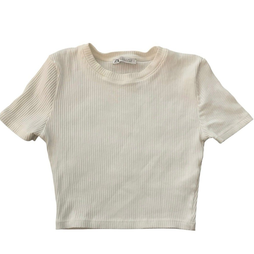 Zara Ribbed Crop Top Women White Short Sleeve Crew Neck Minimalist Basics S